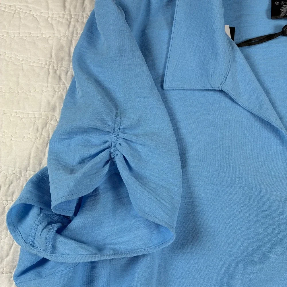 NEW DKNY Midi Dress 16 Blue Short Sleeve Belt V-Neck Collar Preppy Cottage Flowy